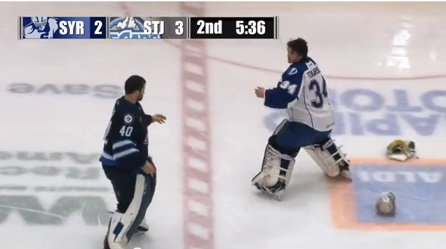 Goalie Fight: Eddie Pasquale vs Dustin Tokarski [VIDEO]