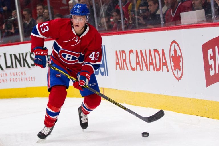 Montreal Canadiens skates with the puck during the NHL game against the Chicago Blackhawks at the Bell Centre